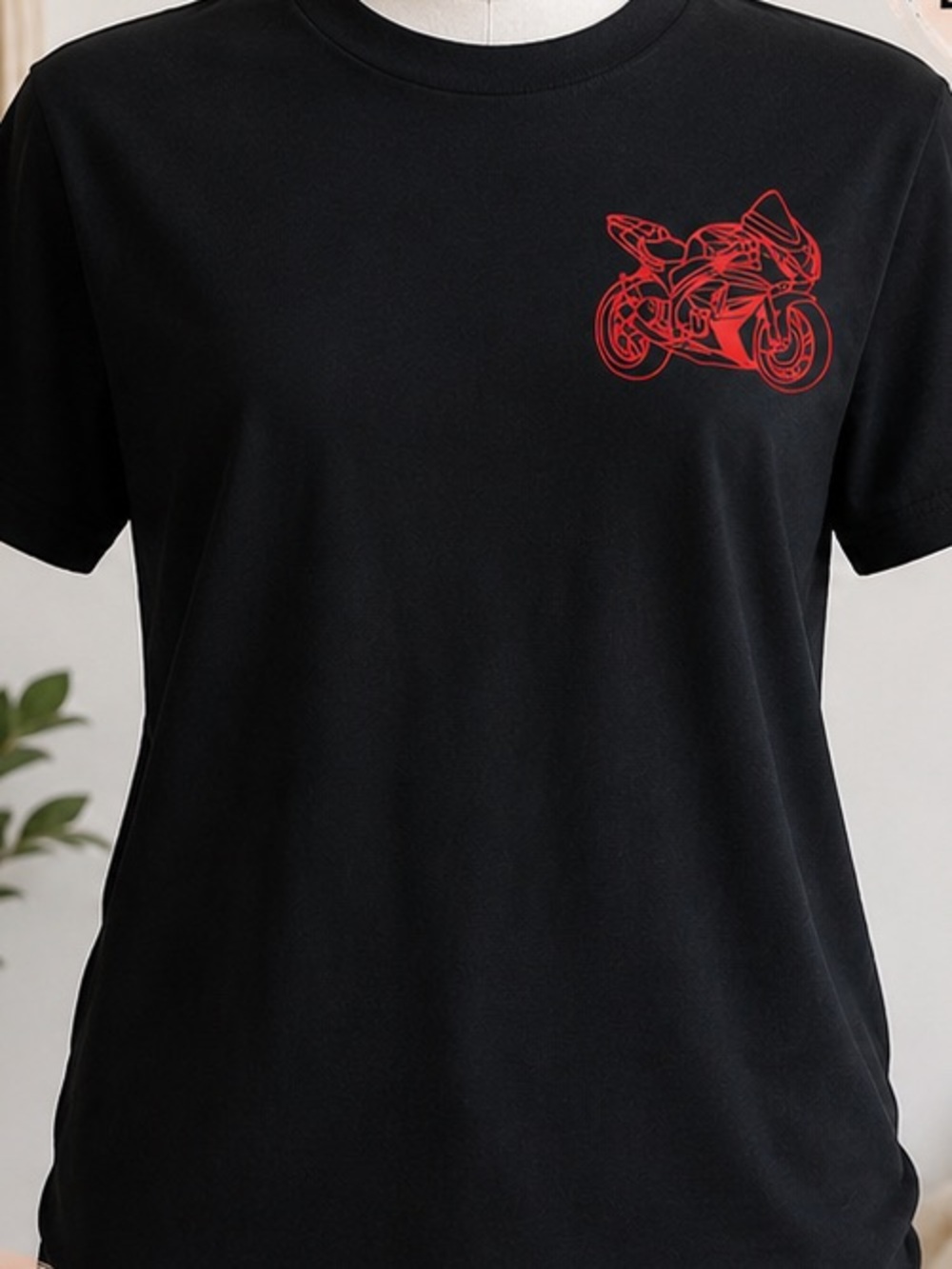 Black Tee with Red Motorcycle Graphic